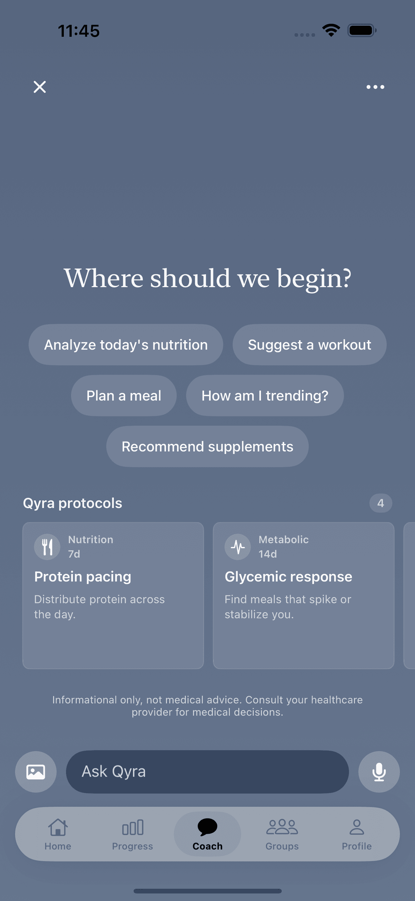 Qyra Ask, AI coaching screen with suggestion chips