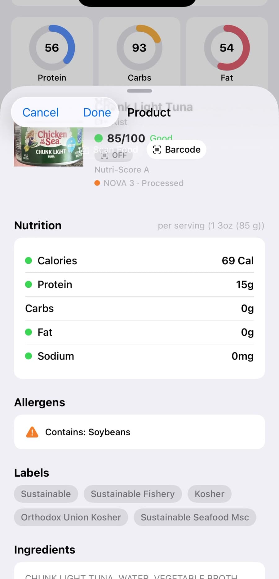 Qyra product result with nutrition facts, calories, and macros