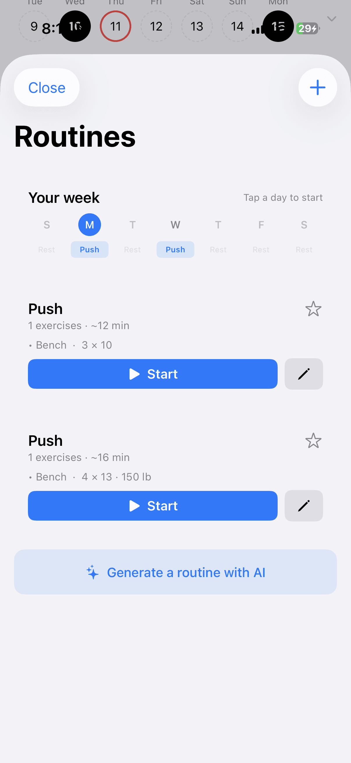 Qyra routine screen with today's session
